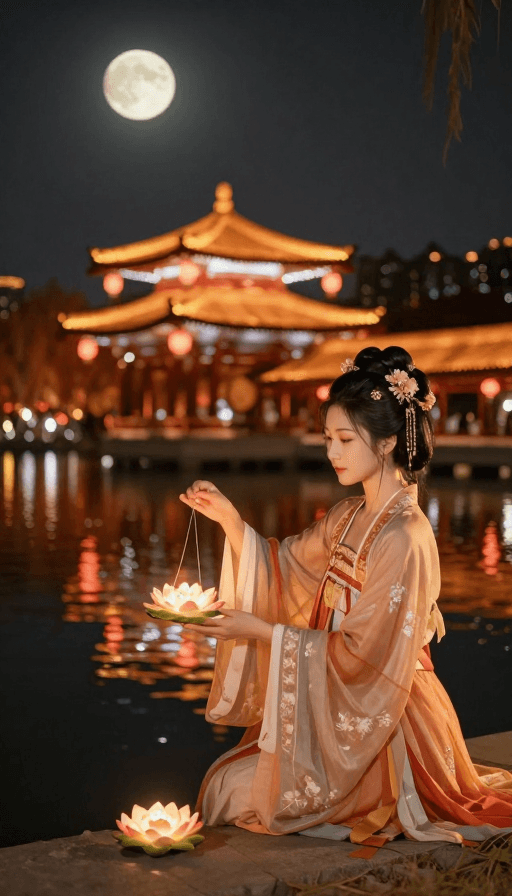 大唐不夜城素材：月夜花灯映大唐不夜城女子祈福放莲灯