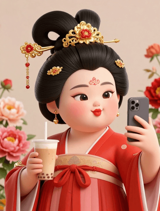 时尚插画素材：唐代美人现代自拍：古典与现代的奇幻融合