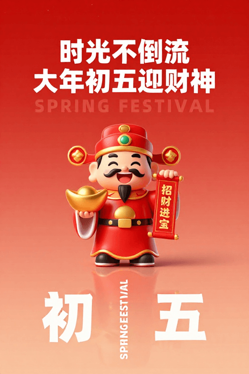 新年祝福素材：迎财神新年开门红 春节卡通插画海报