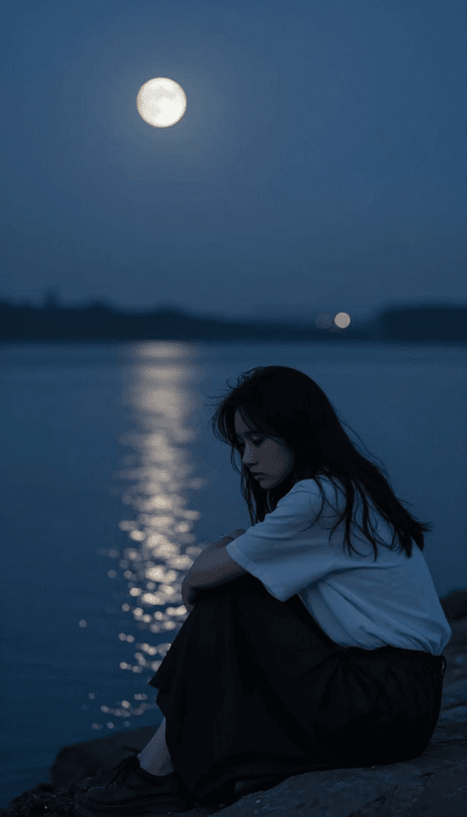 插画素材：江边月夜下的失恋少女：孤独与忧伤的诗意瞬间