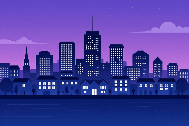 城市夜景素材：紫罗兰夜空下的现代城市静谧夜景