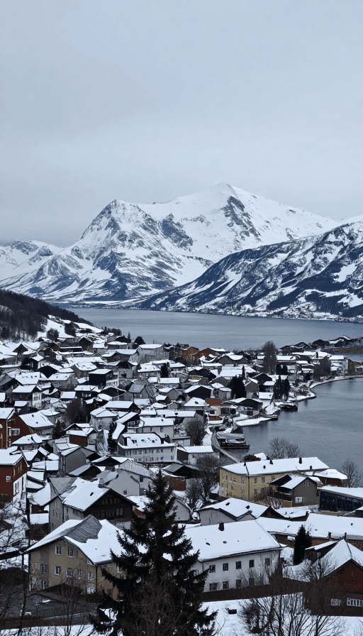 湖泊倒影素材：凛冽欧洲风光：雪山城镇与湖泊的实景大片