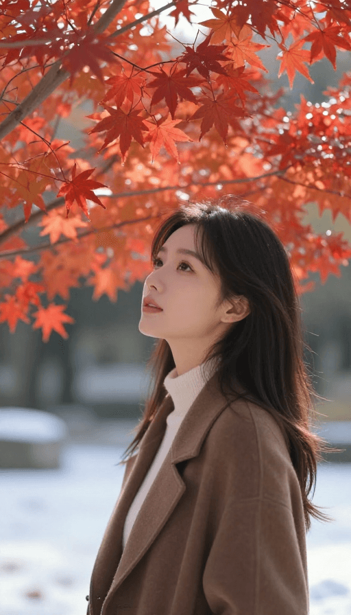 8K高清素材：8K电影级人像摄影：红枫映雪，阳光下的炽热画卷