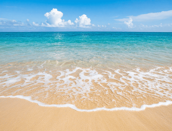 海滩度假素材：清澈浅滩与金黄沙滩的宁静美景