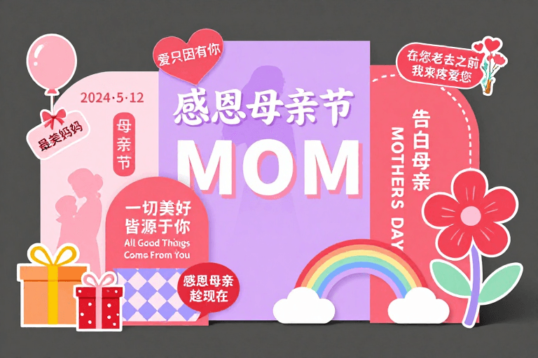 立体设计素材：粉紫渐变母亲节立体展板设计，温馨母爱传递