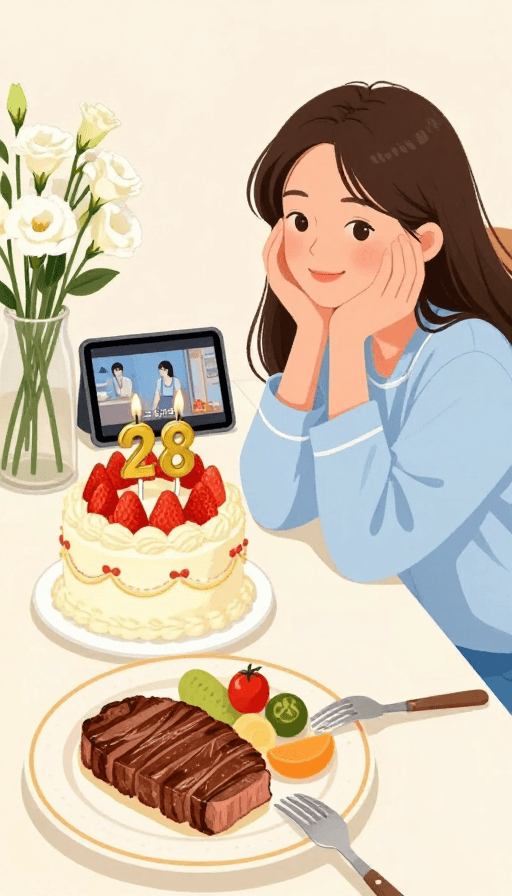 庆祝氛围素材：插画风28岁生日餐桌·少女微笑庆生