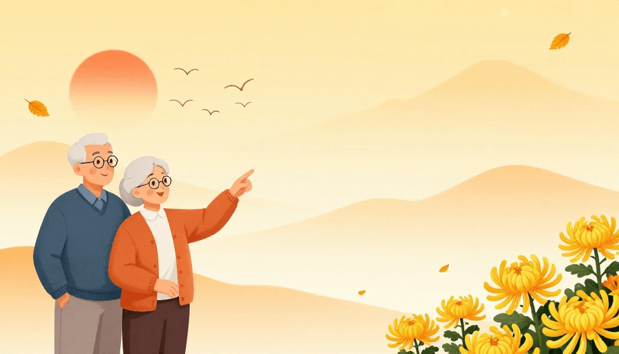 亲情主题素材：暖黄秋日黄昏：老年夫妇相依成画