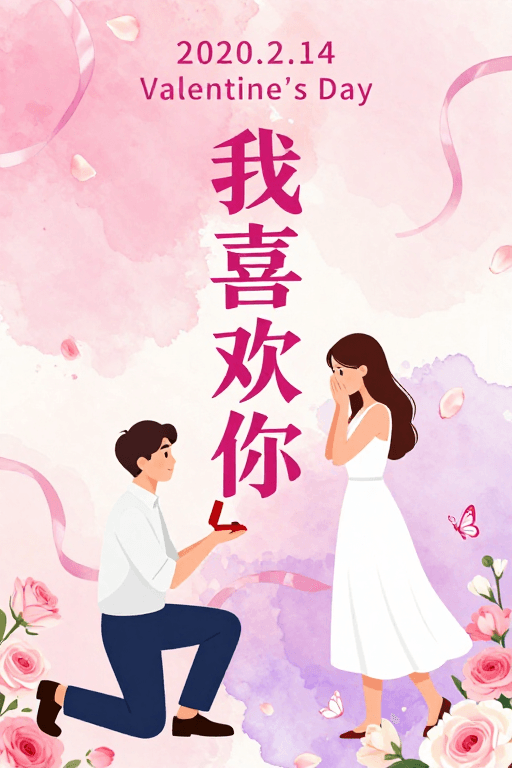 情人节主题素材：深情告白：水彩渐变情人节浪漫插画
