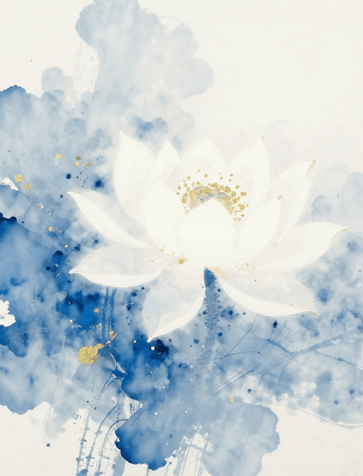 留白意境素材：水墨岩彩莲花意境：淡雅泼墨与留白的艺术融合