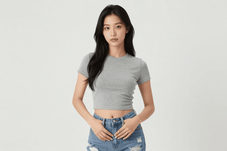 时尚广告素材：亚洲女性时尚服饰展示：灰色T恤与牛仔裤