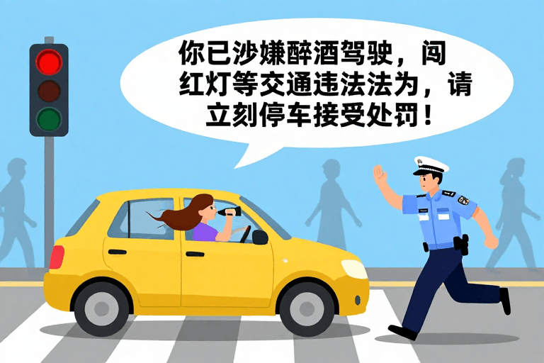 交通安全宣传素材：醉驾违法警示！扁平插画风格公益海报
