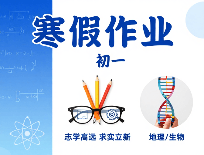 初一教育素材：初一寒假作业海报：清新现代风，科学学术氛围