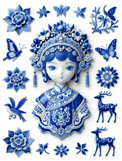 民族肖像设计素材：3D青花瓷风：小鞠与吉祥图腾的华丽民族肖像