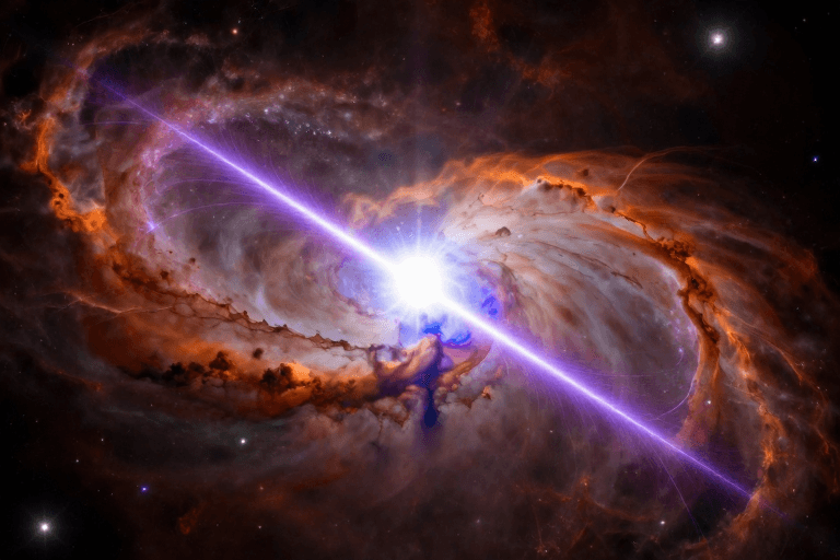 对称构图设计素材：宇宙深空：高能喷流的紫橙双色辉光