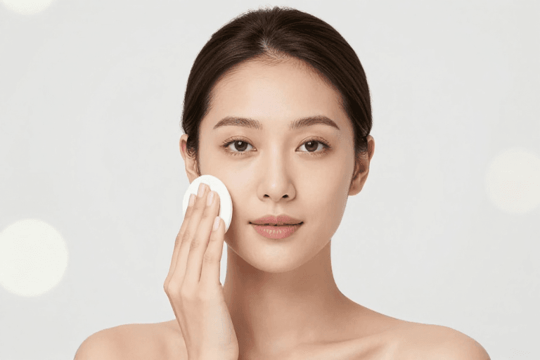 高清细节素材：亚洲女性美妆护肤广告：精致面容与柔光效果