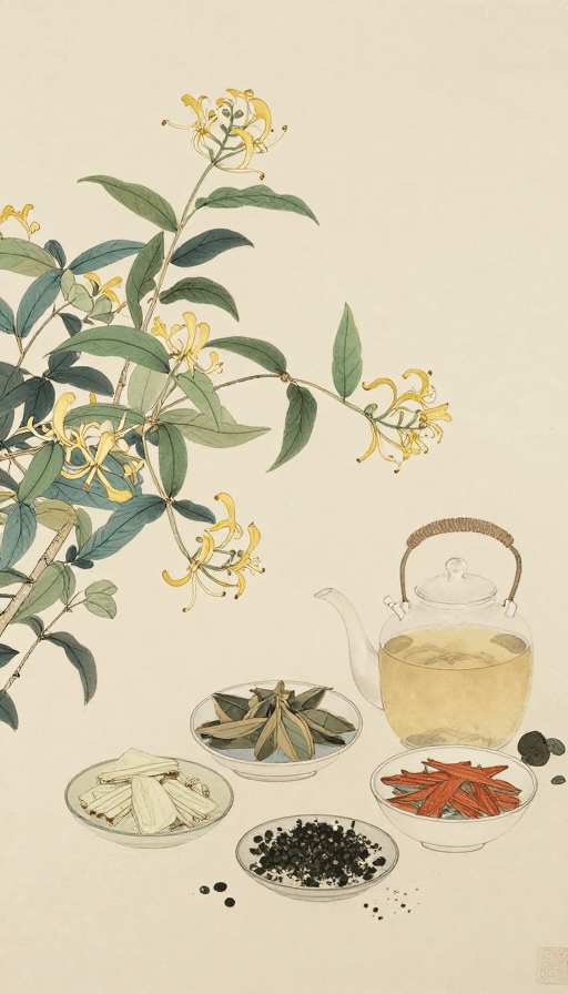 传统医药素材：金银花与药材方剂的写实国画艺术