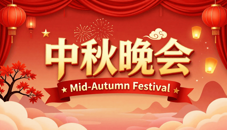 中秋节素材：中秋晚会：传统与现代交融的红色喜庆海报