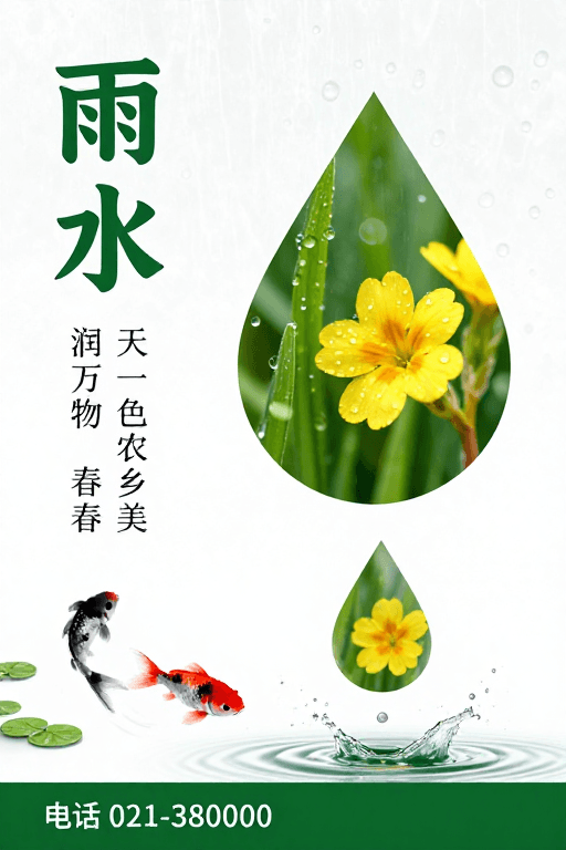 雨水节气素材：雨水节气海报：青绿微光下的春之生机