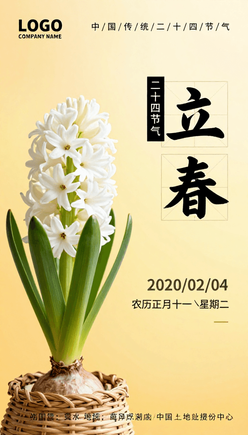 二十四节气素材：春日立春：暖黄风信子新中式节气海报