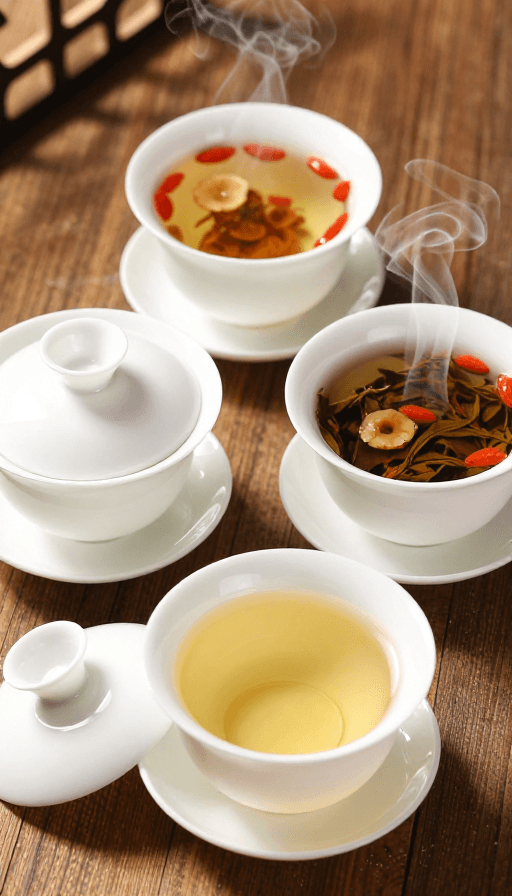 茶道文化素材：三杯盖碗茶，茶香四溢，传统饮品的温暖时刻