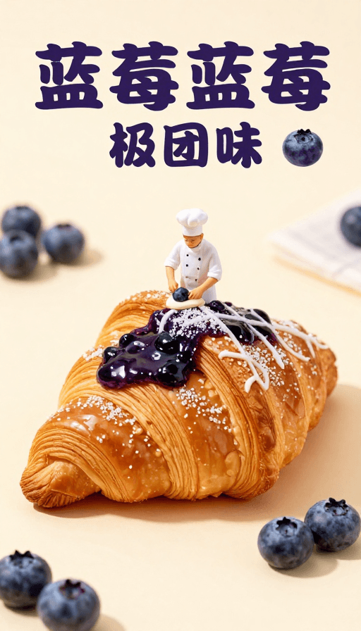 食品摄影素材：微距创意：迷你面点师的巨型蓝莓羊角面包