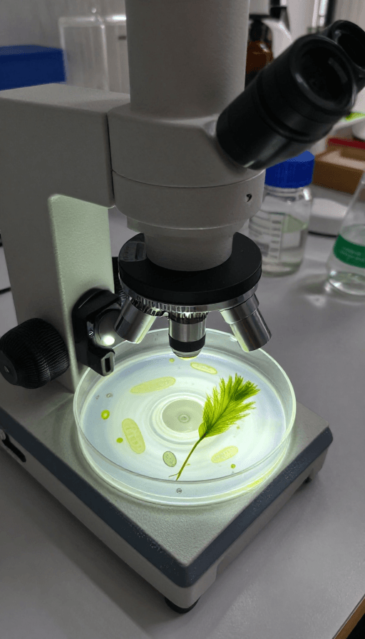 科学研究素材：显微镜下的水绵实验：科学严谨的生物学研究瞬间