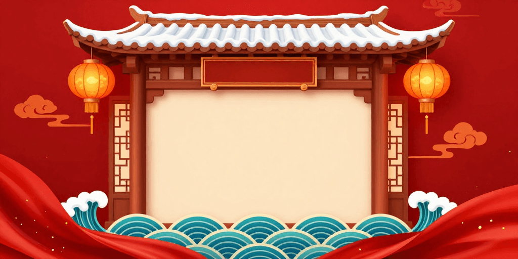 灯笼装饰素材：喜庆中国风门楼插画背景