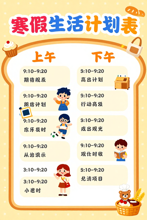 面包造型素材：童趣寒假计划表：温馨面包风学习生活指南