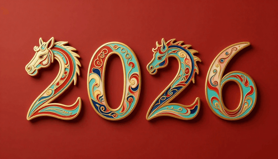 艺术插画素材：朱砂红底凸印金线2026马头书法字体