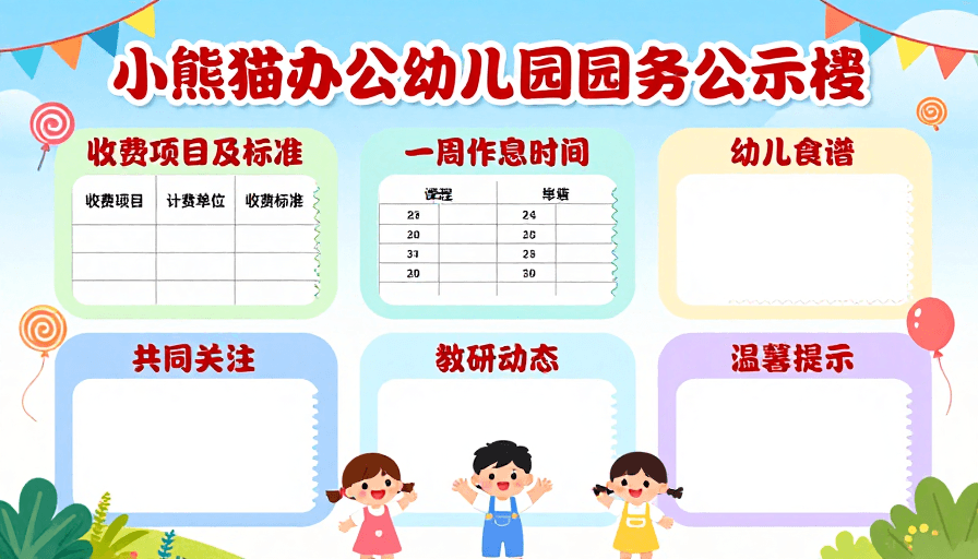 卡通插画风素材：小熊猫幼儿园园务公示栏：童趣设计展示