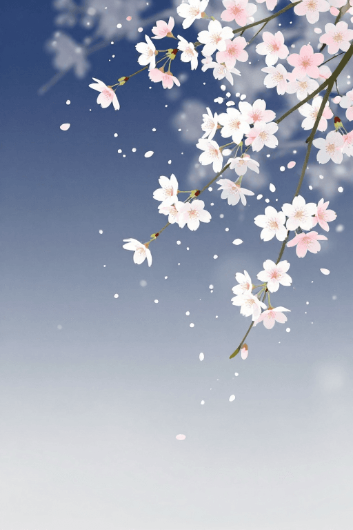 渐变背景素材：唯美日式樱花垂枝水墨意境插画