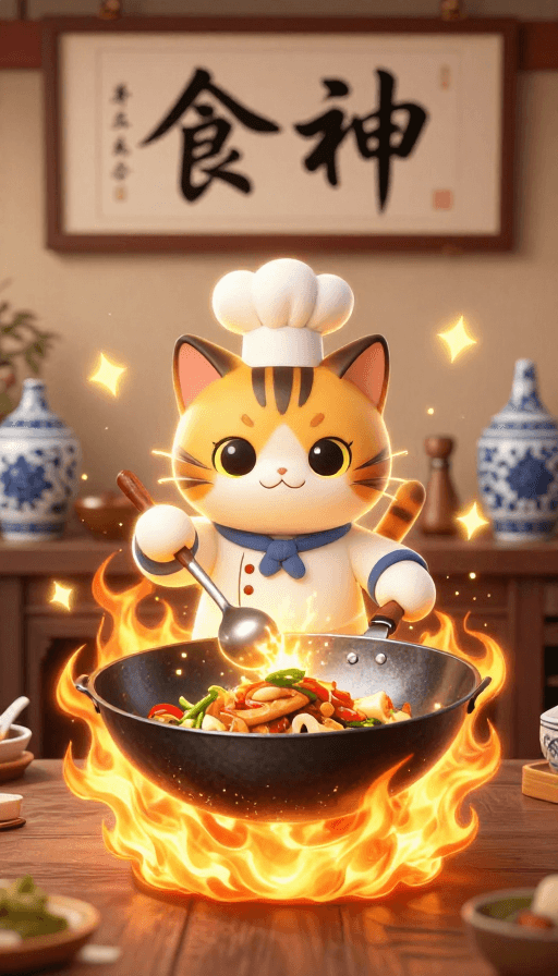 拟猫化设计素材：中华小当家猫厨神：火焰炒艺闪耀金光