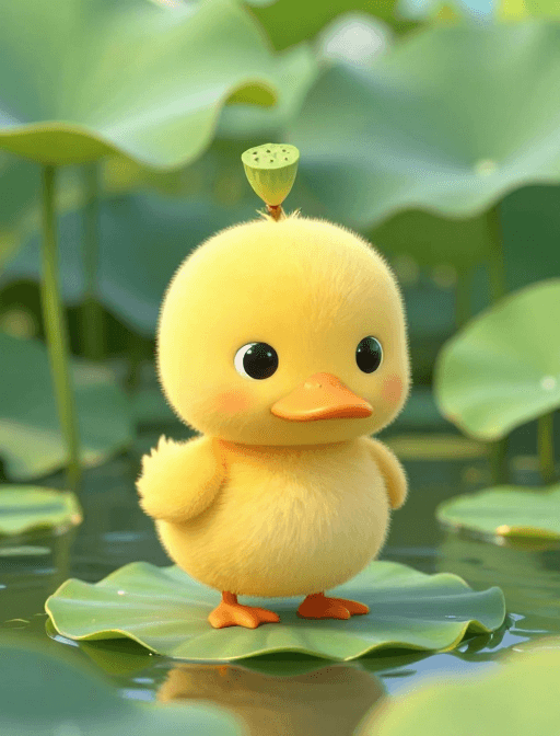 童话插画素材：梦幻荷塘中的呆萌莲蓬小黄鸭