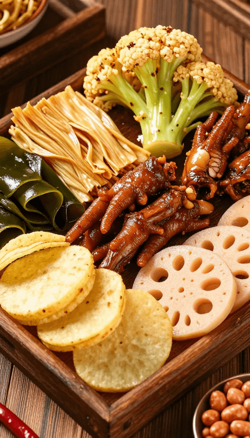 木质托盘素材：卤味盛宴：木质托盘上的中式食材大展示