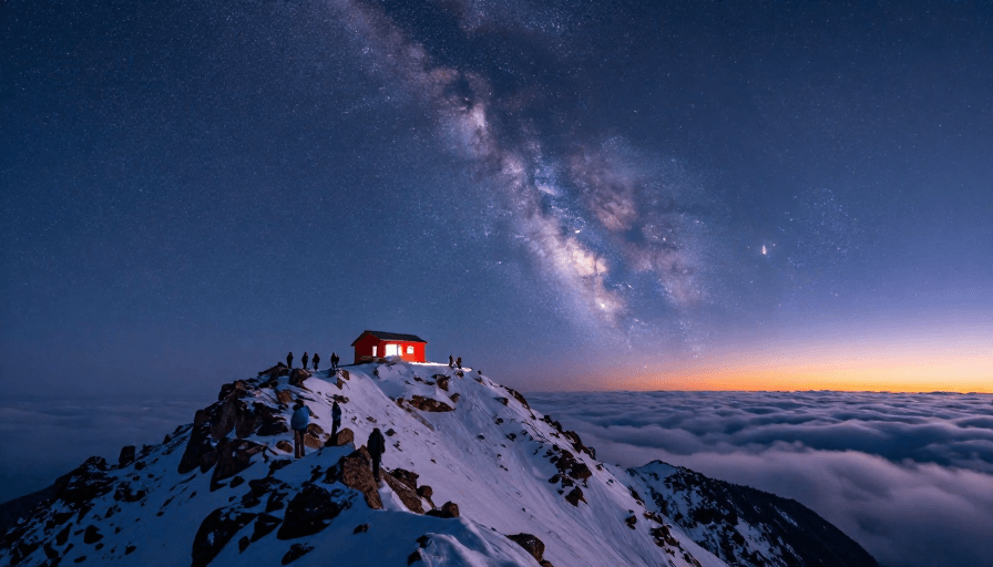 冷调氛围素材：雪山之巅仰望星空：红色小屋伴银河