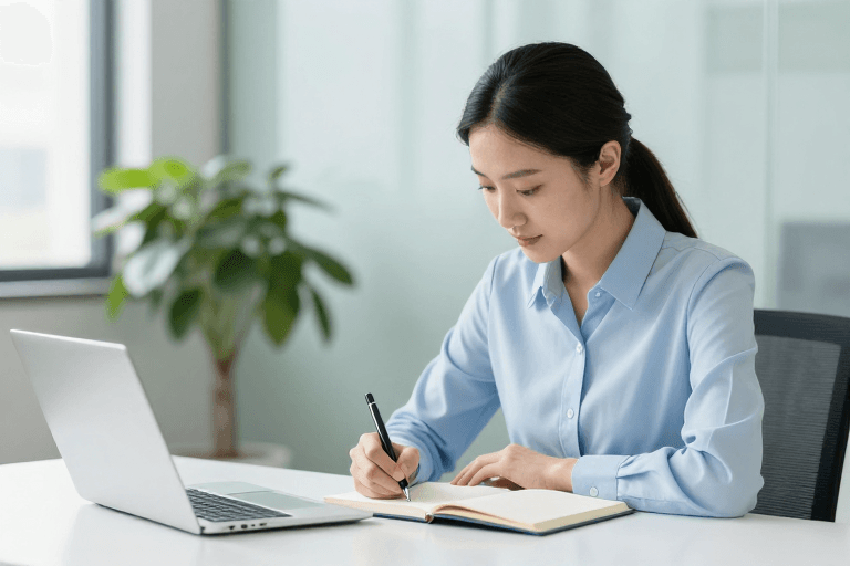 办公场景素材：专注书写：职场女性的高效工作瞬间