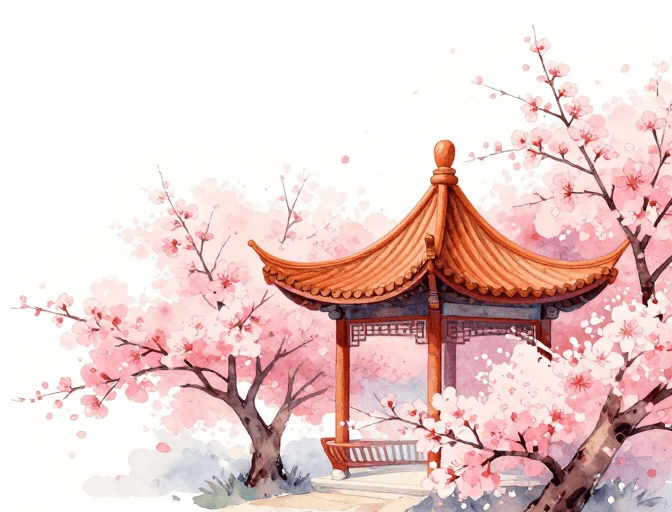 艺术背景素材：东方诗意：水彩樱花与古亭的春日意境