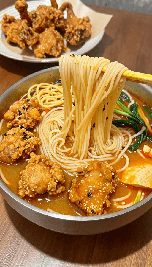 餐桌布置素材：深夜美食时光：热腾腾的米线与酥脆炸鸡