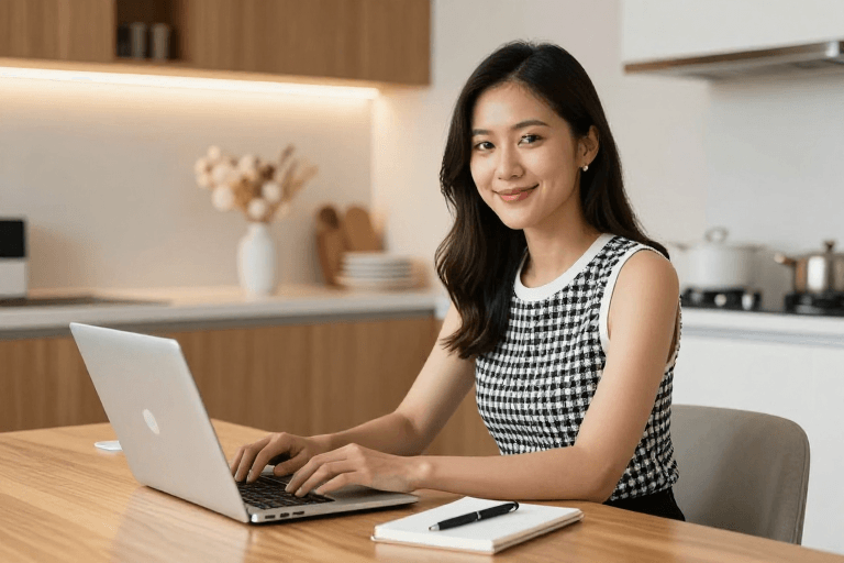 居家环境素材：现代女性远程办公时光，专业生活美学