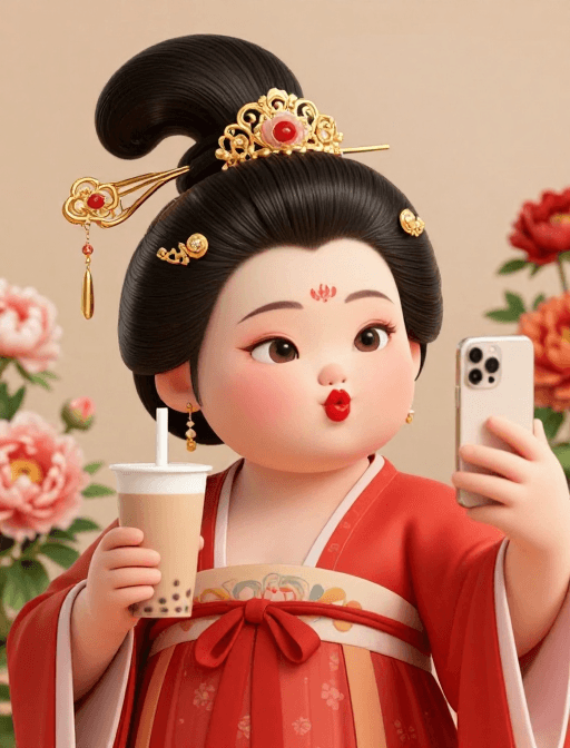 唐代女性素材：超现实唐代美人：奶茶自拍与牡丹花海