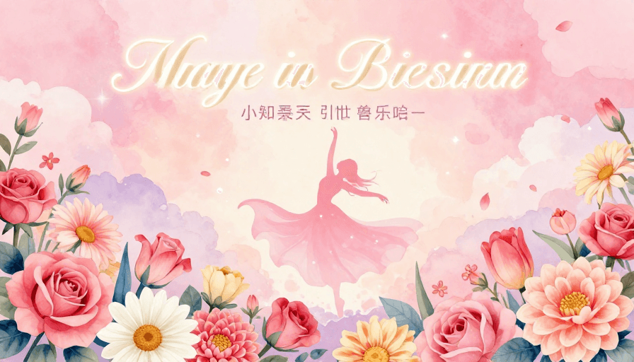 花卉边框素材：梦幻粉彩春日：轻盈舞动的女性剪影插画
