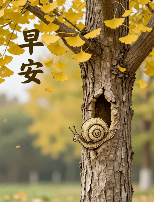 早安问候素材：秋日银杏与蜗牛：沙绘浮雕的清新晨光