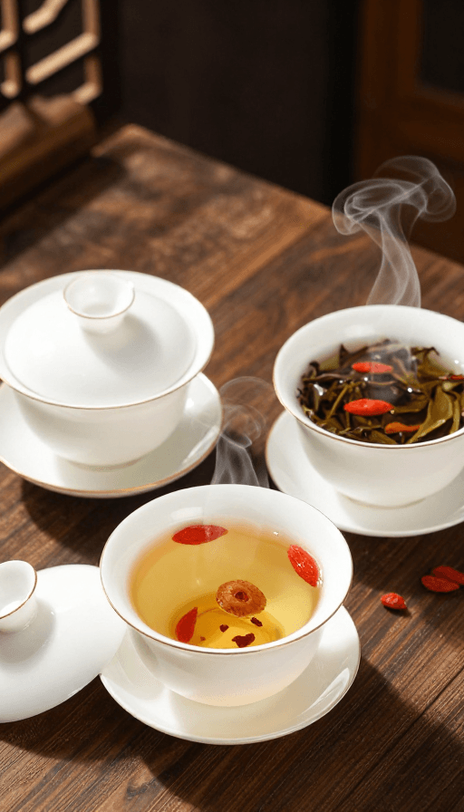 健康生活方式素材：三杯盖碗茶：加盖、敞泡与热气的养生美学