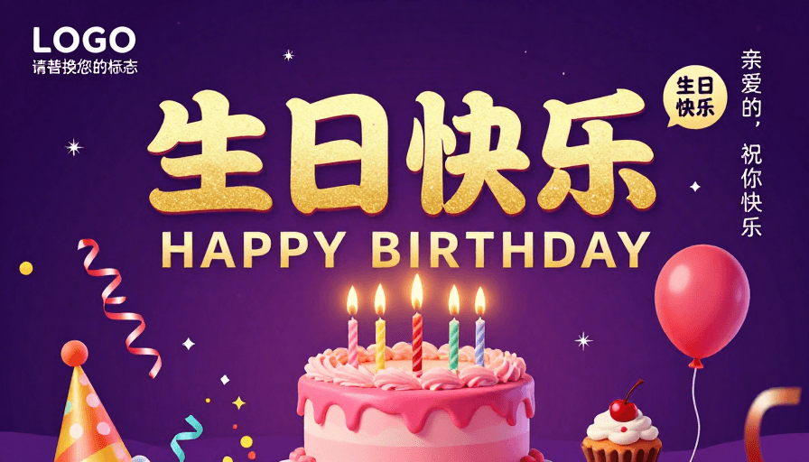 奢华设计素材：梦幻紫色生日庆典：立体金粉贺卡与奢华蛋糕