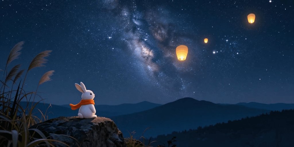 梦幻写实风格素材：繁星暖灯映夜空，橙围巾小兔静望银河