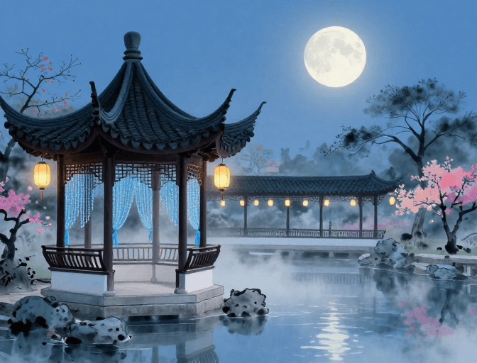 治愈系插画素材：月照中式园林：静谧六角亭与梦幻水墨画卷