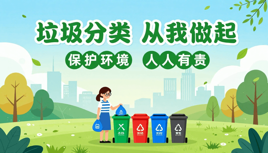 四色分类桶素材：清新扁平插画：垃圾分类从我做起