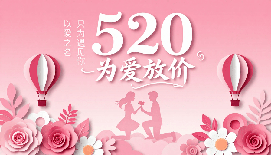 情侣剪影素材：粉色纸艺520情人节促销海报
