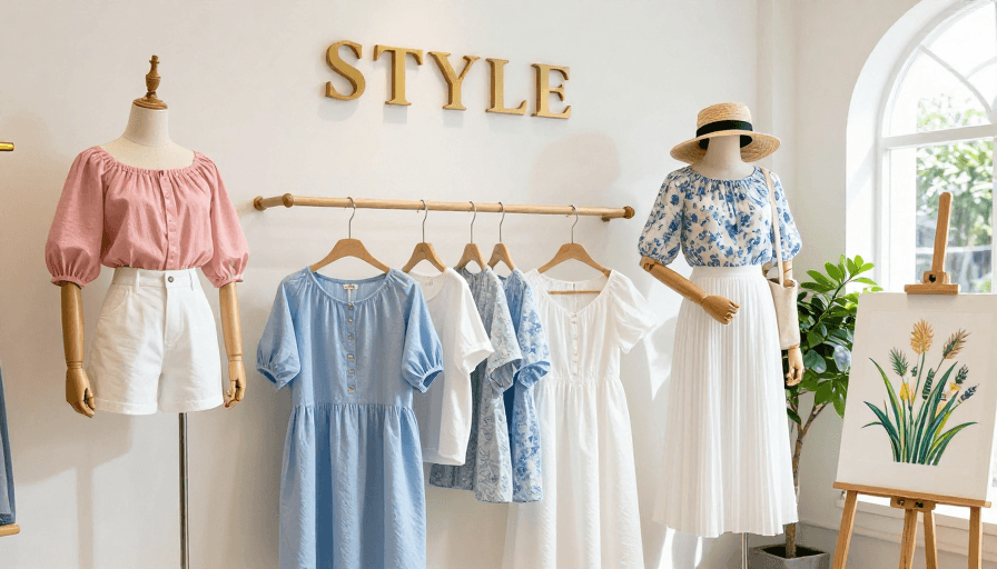服装店场景素材：暖光营造的简约时尚服装店实景摄影