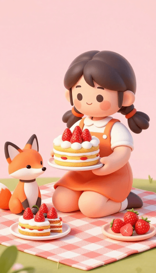 粉橘色调素材：粉橘调3D野餐：圆脸女孩与狐狸分享草莓蛋糕